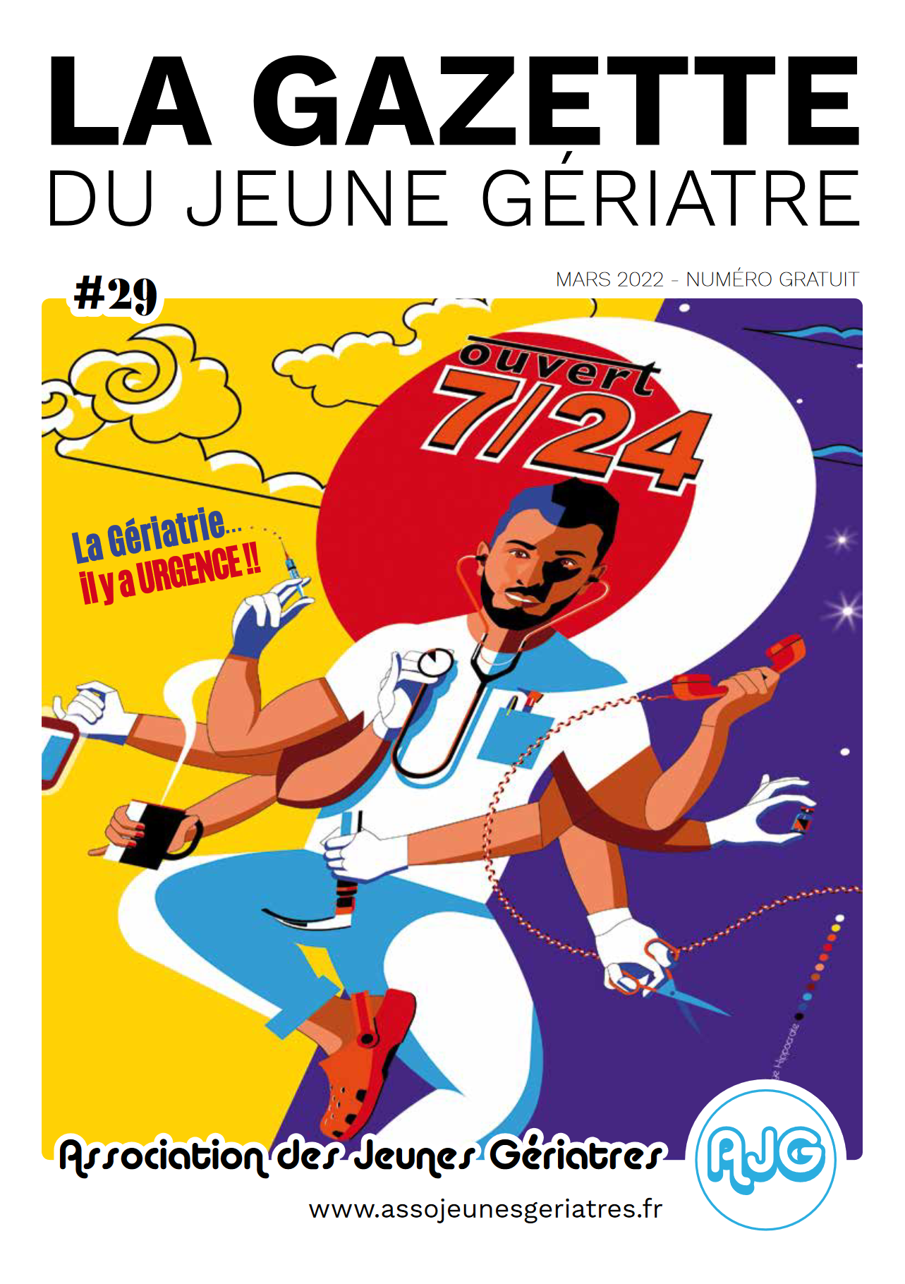 Couverture du magazine La Gazette du jeune gériatre mars 2022 faite par Good Bye Hippocrate.