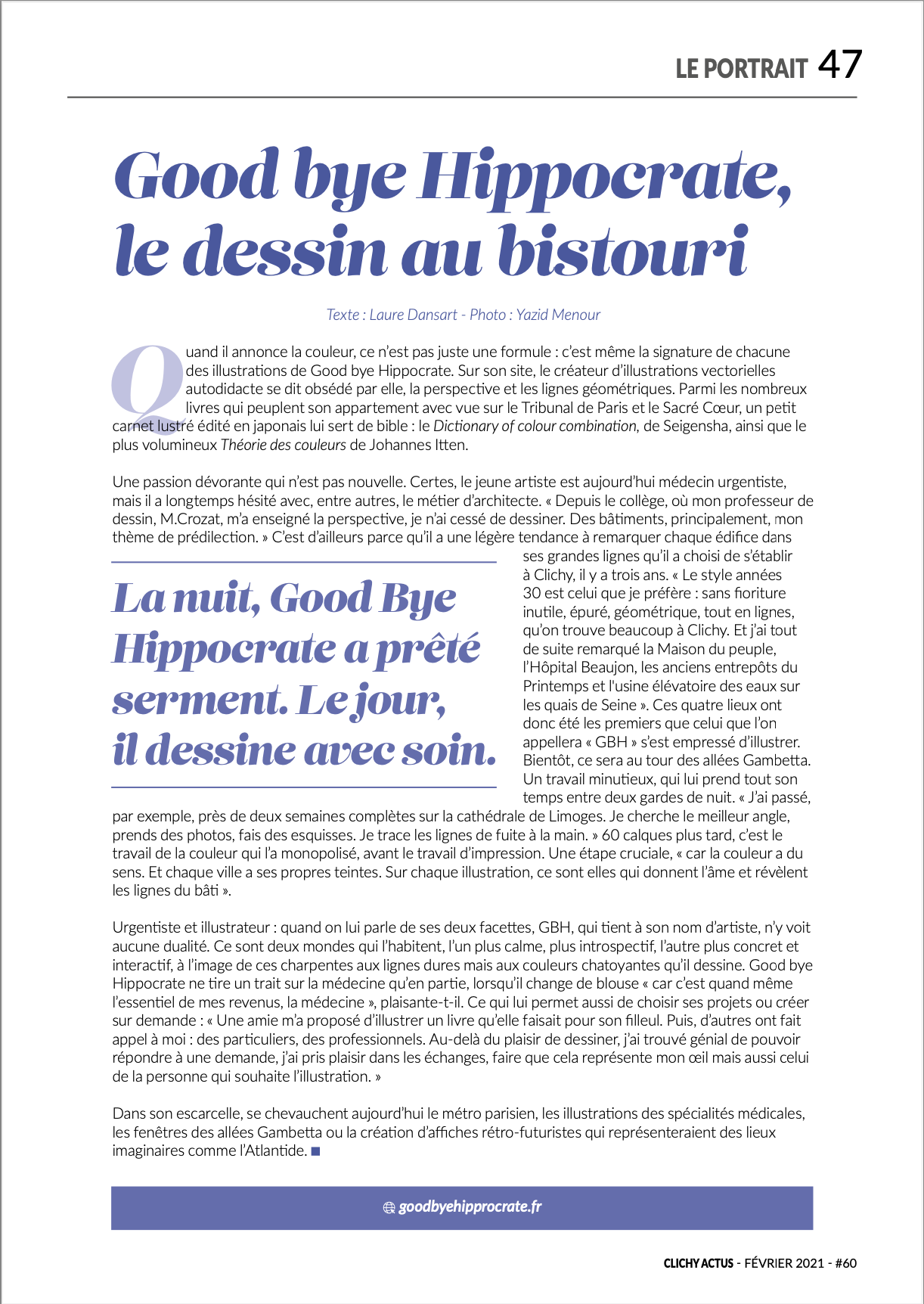 Article de presse du magazine Clichy actus parlant de Good Bye Hippocrate Février 2021.