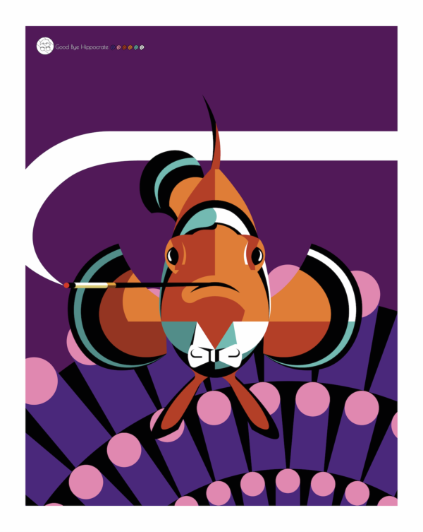 Affiche Poisson-Clown mâle avec anémone sur fond violet par l'illustrateur Good Bye Hippocrate