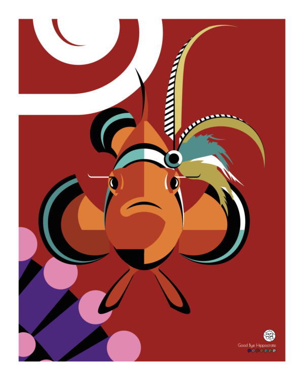 Affiche Poisson-Clown femelle Années folles sur fond rouge par l'illustrateur Good Bye Hippocrate