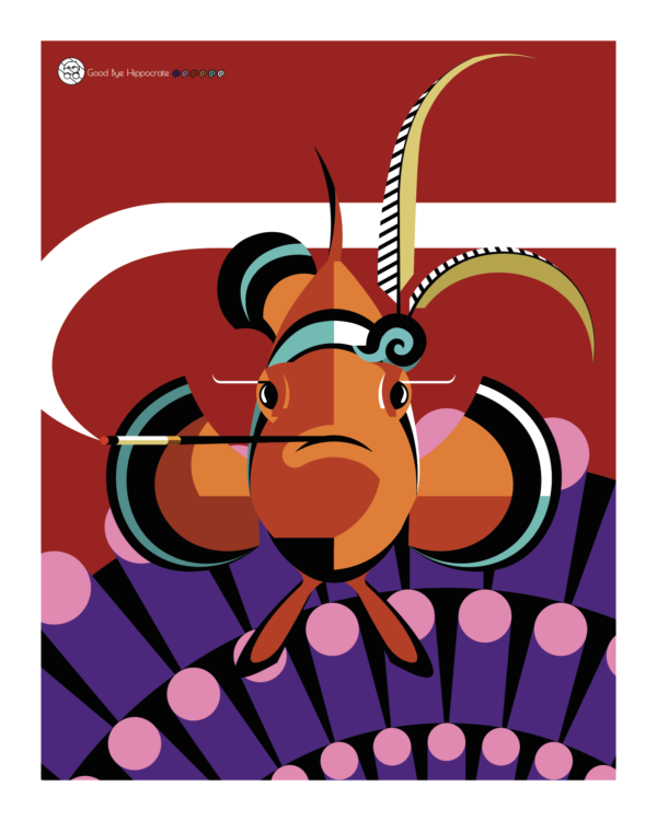 Affiche Poisson-Clown femelle avec anémone sur fond rouge par l'illustrateur Good Bye Hippocrate