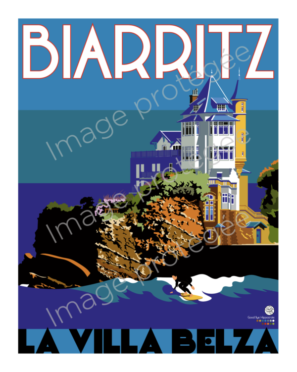Affiche Biarritz La Villa Belza avec un surfeur sur la Côte Basque